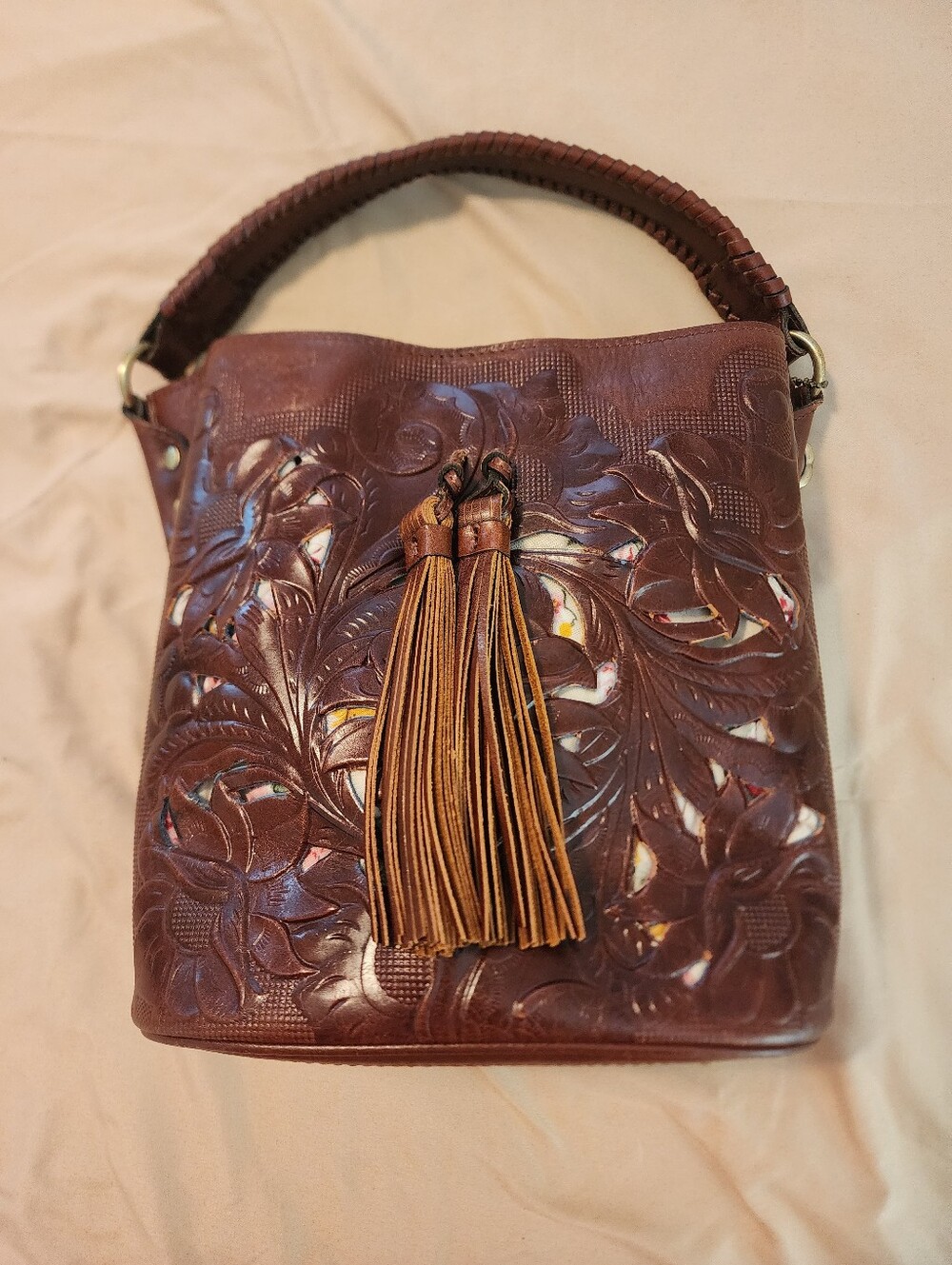 Patricia Nash 10th Anniversary Brown Tooled Leather Tassel Bag Fall 2010 Collect